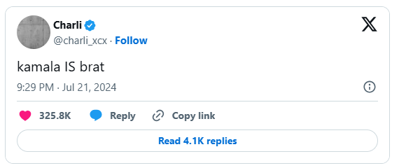 Post da Charli XCX que virou meme a ajudou Kamala a crescer nas redes sociais.
